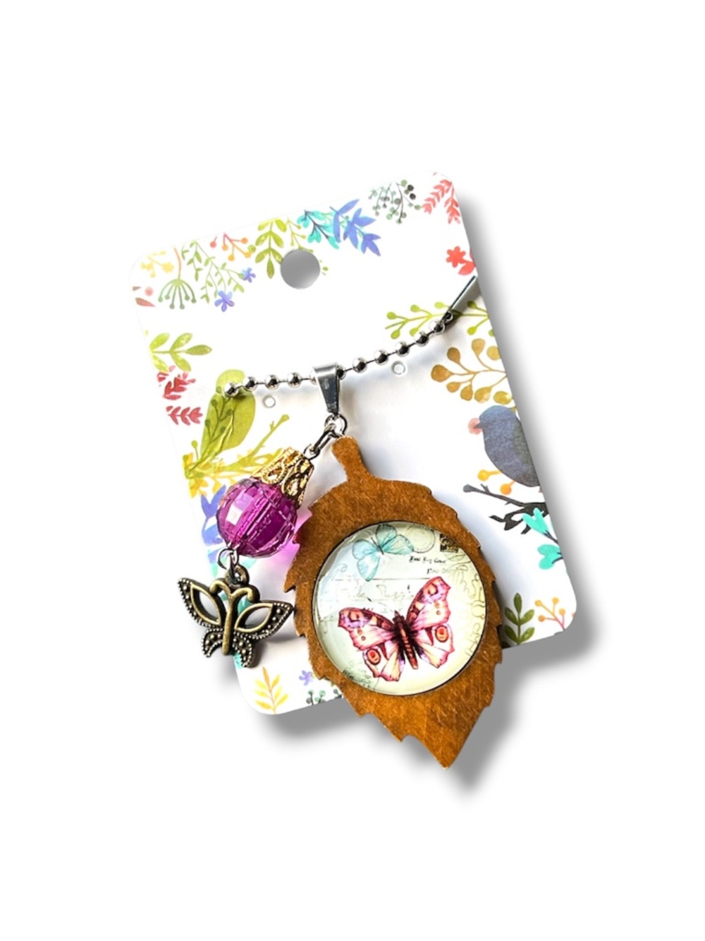 Handcrafted Wooden Leaf Butterfly Pendant Necklace
